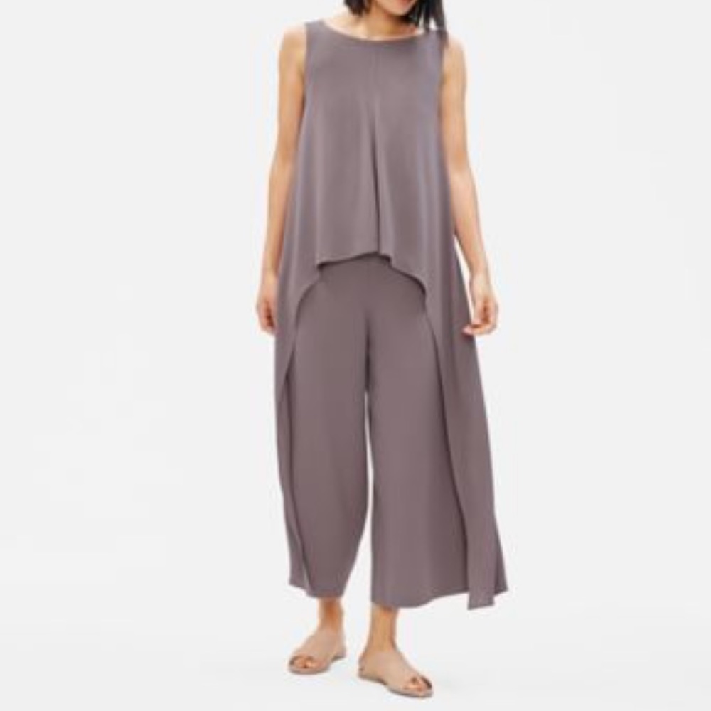 Eileen Fisher Silk Georgette Crepe layered bateau neck wide leg crop jumpsuit
